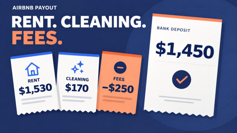 Illustrative Airbnb payout split: $1,530 rental income plus $170 cleaning income minus $250 Airbnb fees equals a $1,450 bank deposit.