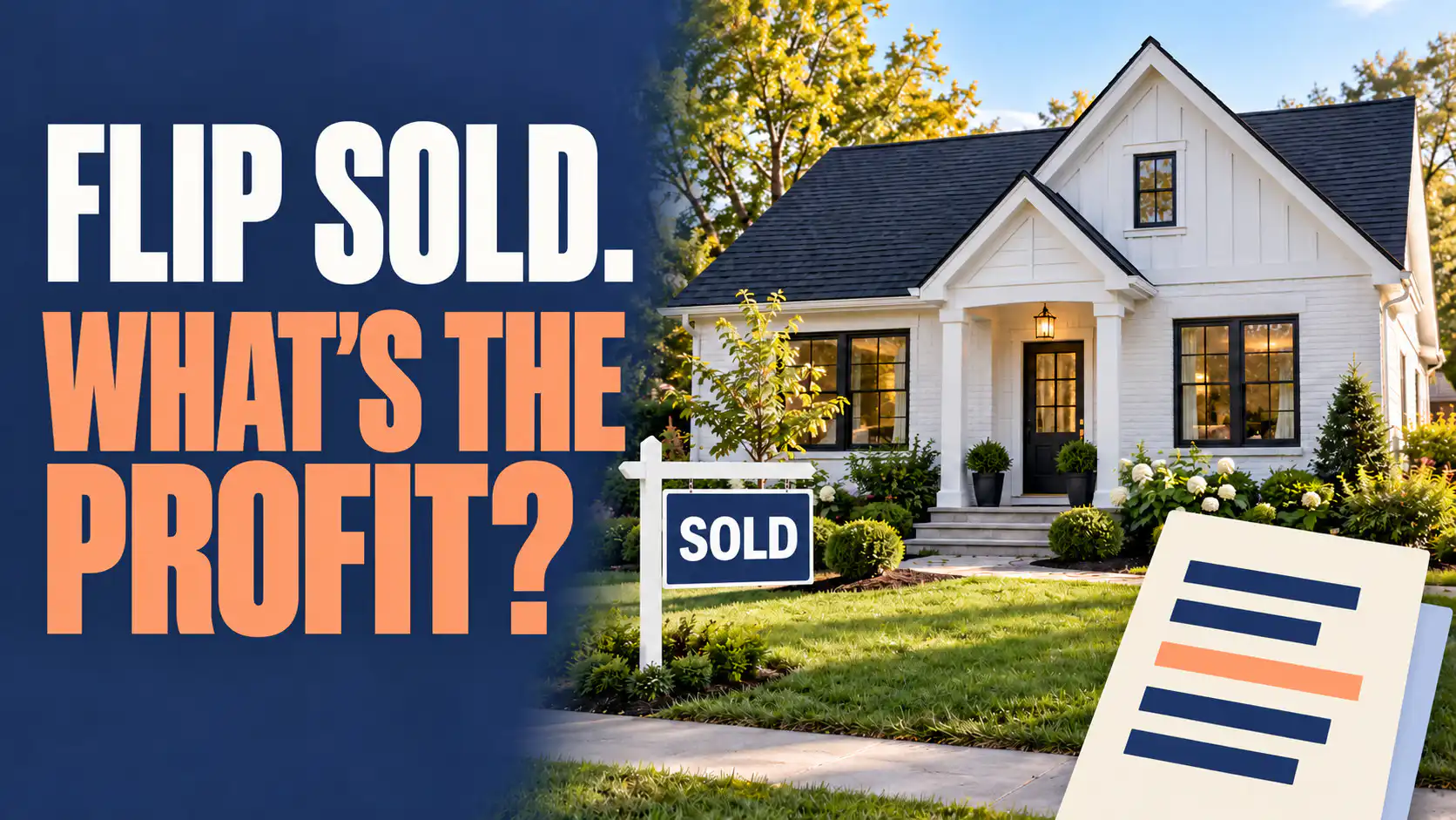 Sold house beside the words “Flip sold. What’s the profit?” and a stylized report.