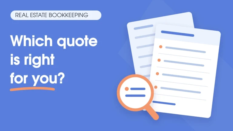Real estate bookkeeping: Which quote is right for you? Two illustrated proposals and a magnifying glass emphasize comparing the work covered.